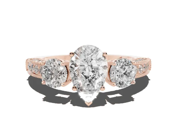 Pear Cut Three-Stone Diamond Ring with Pavé Band and Four-Prong Setting Rose gold