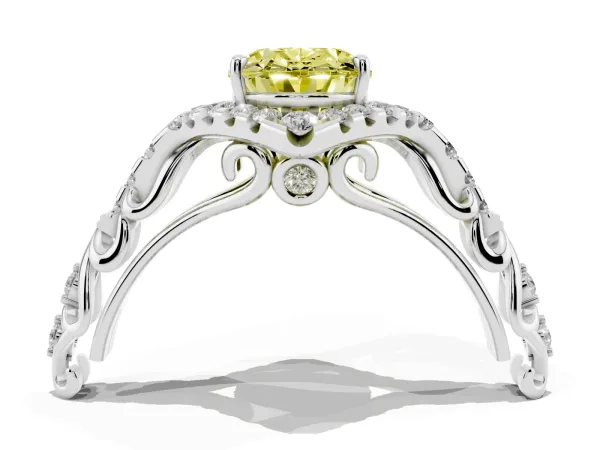 Fancy Yellow Oval Cut Diamond Solitaire Ring with Hidden Halo and Pavé Band Platinum
