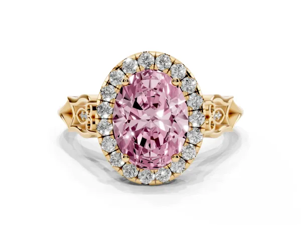 Fancy Pink Oval Cut Halo Diamond Engagement Ring with Filigree Band and Four-Prong Setting Yellow gold