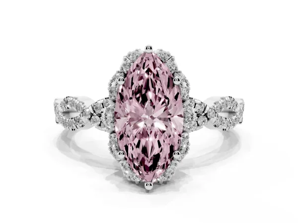 Fancy Pink Marquise Cut Halo Twist Band Solitaire Ring with Six-Prong Setting Platinum