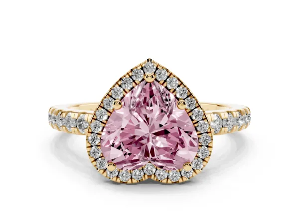 Fancy Pink Heart Cut Diamond Halo Ring with Pavé Band and Four-Prong Setting Yellow gold
