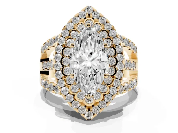Marquise Cut Diamond Double Halo Ring with Round Pavé Split Shank and Prong Setting Yellow gold
