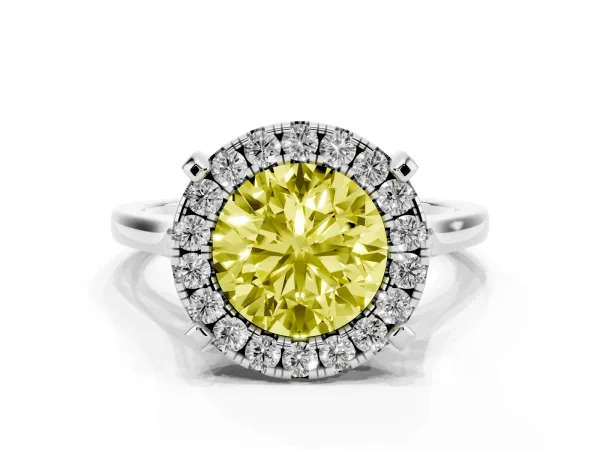 Fancy Yellow Round Cut Diamond Cluster Halo Solitaire with Four-Prong Setting White gold