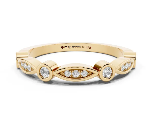 Bezel Set Marquise and Round Diamond Contour Band Yellow gold
