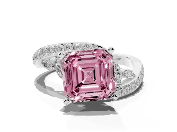 Fancy Pink Asscher Cut Solitaire with Pavé Twist Band and Four-Prong Setting Platinum