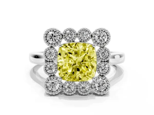 Fancy Yellow Cushion Cut Halo Diamond Cluster Engagement Ring with Milgrain Bezel Setting and Solitaire Band White gold