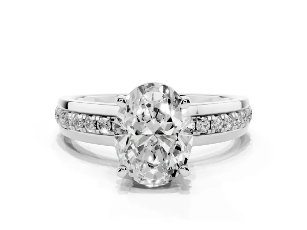 Oval Cut Solitaire Diamond Ring with Channel Set Band and Six-Prong Setting White gold