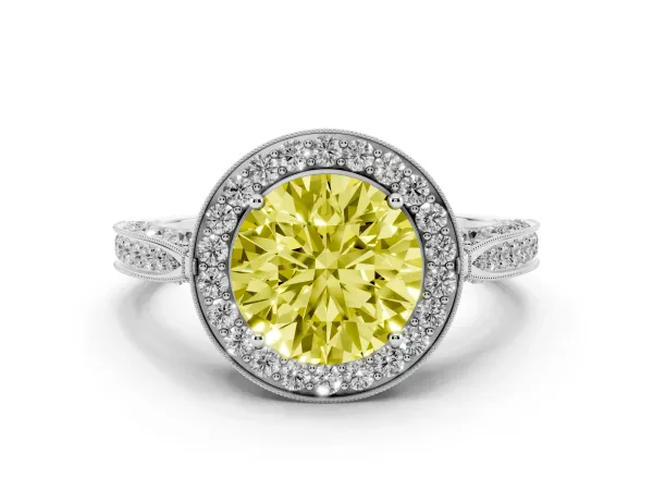Fancy Yellow Round Cut Halo Diamond Engagement Ring with Split Shank Band and Four-Prong Setting Platinum