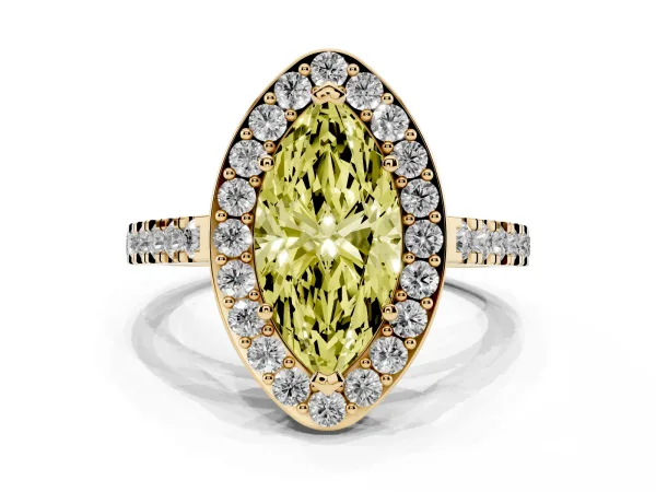 Fancy Yellow Marquise Cut Diamond Halo Ring with Round Pavé Split Shank and Prong Setting Yellow gold