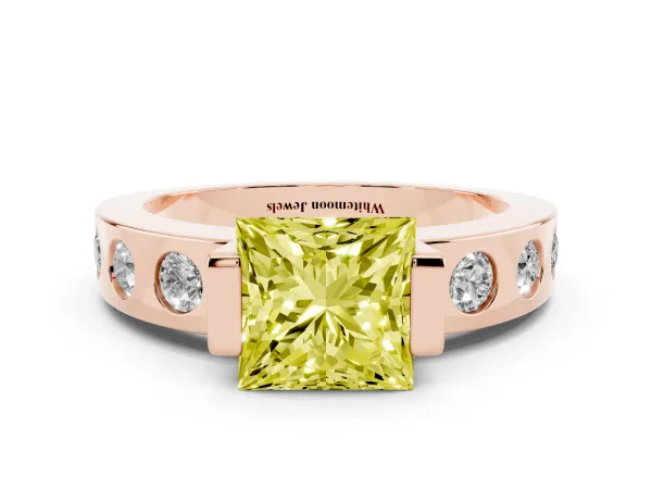 Fancy Yellow Princess Cut Brilliant Channel-Set Diamond Ring with Bezel Prong Setting Rose gold