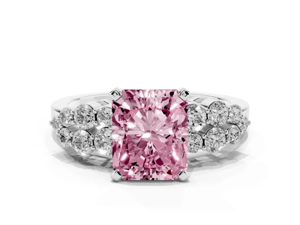 Fancy Pink Radiant Cut Cluster Diamond Engagement Ring with Pavé Band and Four-Prong Setting Platinum