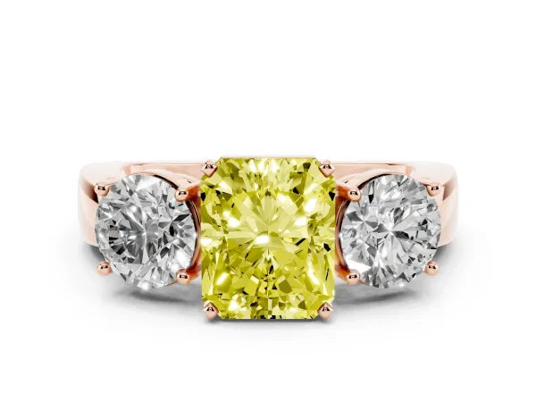 Fancy Yellow Three-Stone Radiant Cut Diamond Ring with Round Side Stones, Classic Band, and Four-Prong Setting Rose gold
