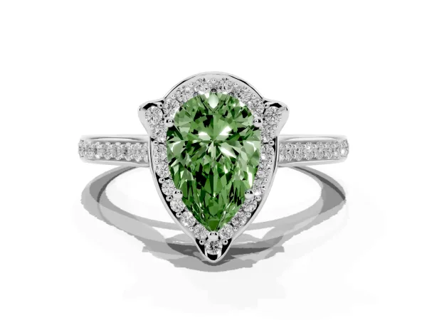 Fancy Green Pear Cut Halo Round Diamond Pave Band with Four-Prong Setting Platinum