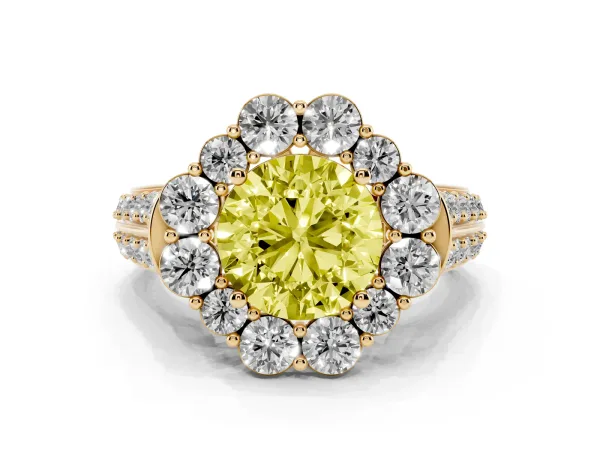 Fancy Yellow Round Cut Halo Diamond Engagement Ring with Split Shank and Prong Setting Yellow gold
