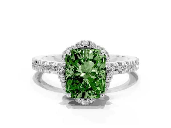 Fancy Green Radiant Cut Diamond Halo Pave Band with Four-Prong Setting Platinum