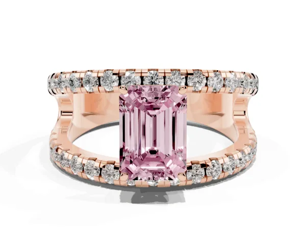 Fancy Pink Emerald Cut Solitaire Split Shank Pave Diamond Ring Rose gold