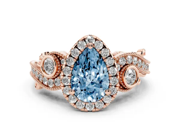 Fancy Blue Pear Cut Diamond Halo Ring with Milgrain Pavé Band and Four-Prong Setting Rose gold
