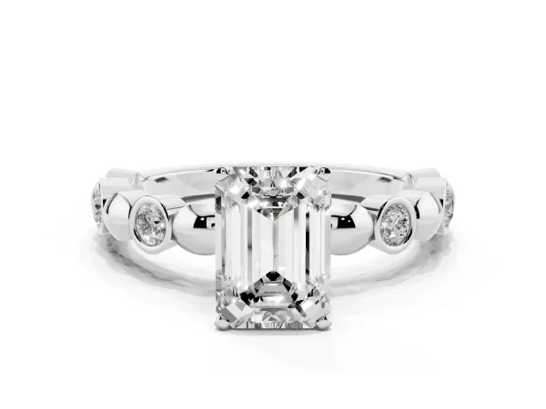 Emerald Cut Solitaire Bezel-Set Diamond Ring with Beaded Band and Four-Prong Setting Platinum