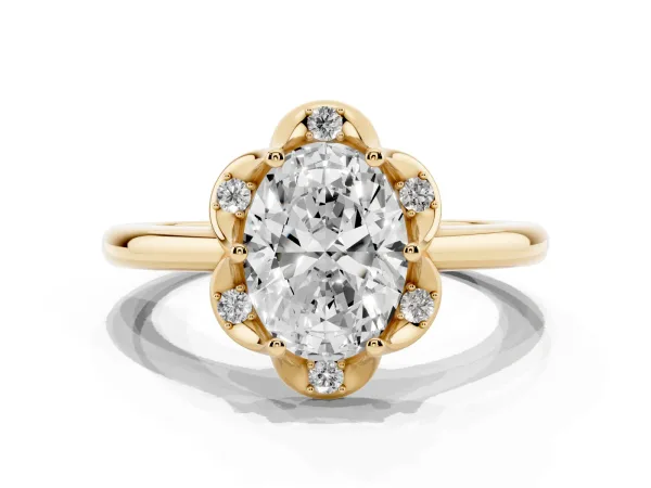 Oval Cut Halo Diamond Ring with Round Cluster Setting, Solitaire Band, and Four-Prong Setting Yellow gold