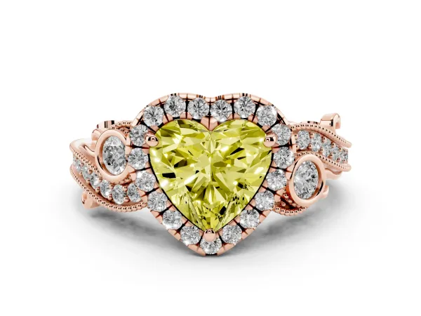 Fancy Yellow Heart Cut Diamond Halo Ring with Milgrain Pavé Band and Four-Prong Setting Rose gold
