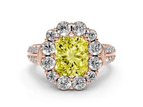 Fancy Yellow Radiant Cut Halo Diamond Engagement Ring with Split Shank and Prong Setting Rose gold