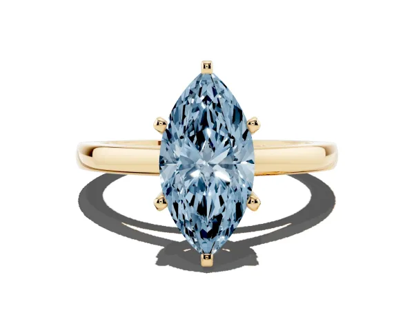 Fancy Blue Marquise Cut Solitaire Diamond Engagement Ring with Four-Prong Setting on a Classic Band Yellow gold