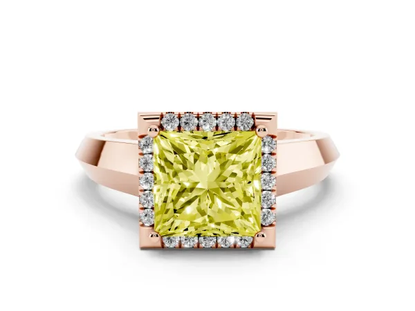 Fancy Yellow Princess Cut Halo Diamond Ring with Cathedral Band and Four-Prong Setting Rose gold