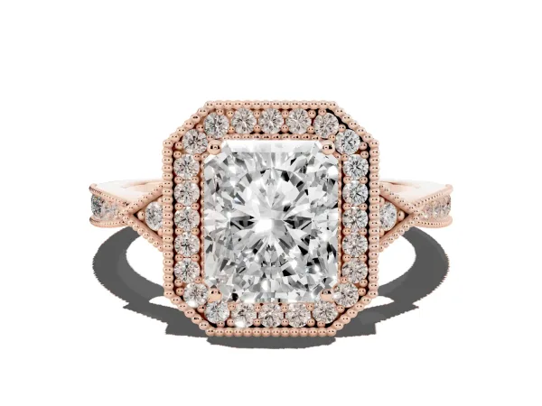 Radiant Cut Halo Round Diamond Milgrain Pave Engagement Ring Rose gold