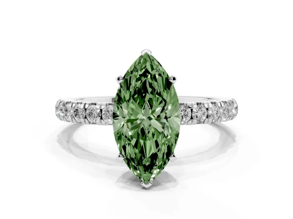 Fancy Green Marquise Cut Diamond Solitaire Ring with Pavé Accents and Four-Prong Setting Platinum