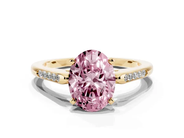 Fancy Pink Oval Cut Diamond Solitaire Ring with Channel Set Round Band and Prong Setting Yellow gold