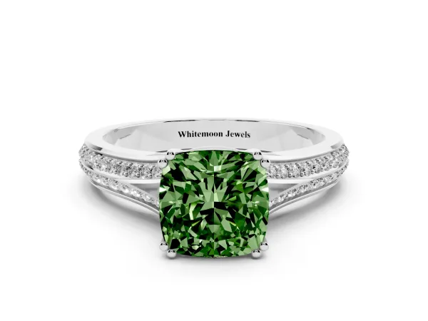 Fancy Green Cushion Cut Diamond Split Shank Engagement Ring with Pavé Band Platinum