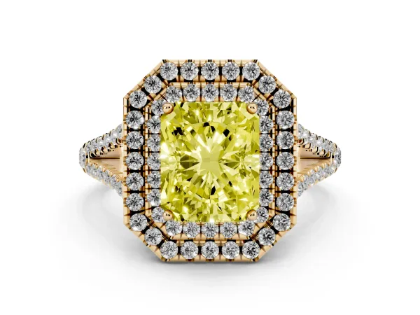 Fancy Yellow Radiant Cut Diamond Double Halo Ring with Pavé Band and Prong Setting Yellow gold