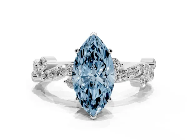 Fancy Blue Marquise Cut Cut Solitaire Diamond Twisted Band with Pave Setting White gold