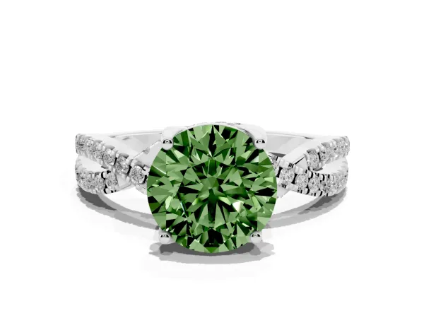 Fancy Green Round Cut Solitaire Twist Pave Diamond Engagement Ring with Prong Setting White gold