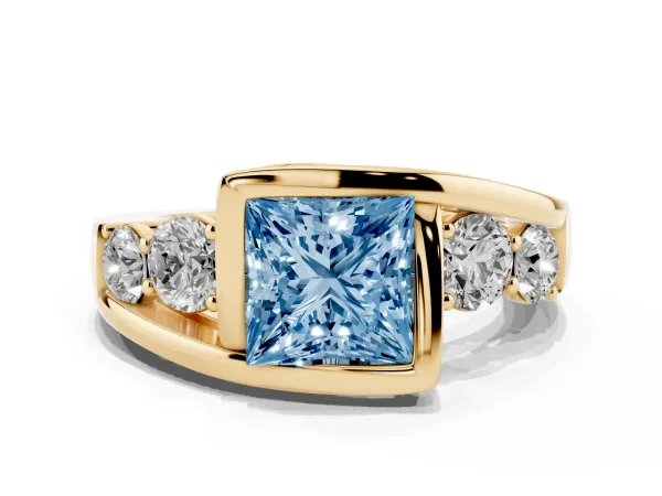 Fancy Blue Bezel Set Princess Cut Diamond Bypass Ring with Round Accents Yellow gold