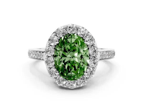 Fancy Green Oval Cut Diamond Floral Halo Ring with Pavé Band and Prong Setting White gold