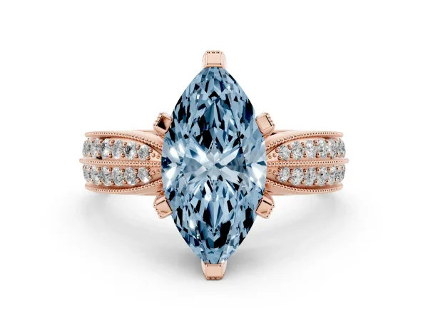 Fancy Blue Marquise Cut Diamond Solitaire Ring with Milgrain Round Pavé Band and Prong Setting Rose gold
