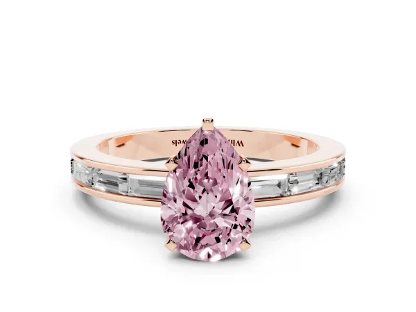 Fancy Pink Pear Cut Solitaire Diamond Ring with Channel-Set Baguette Band and Four-Prong Setting Rose gold