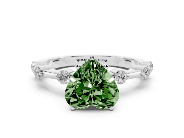 Fancy Green Heart Cut Solitaire Diamond Ring with Bezel Set Side Stones and Prong Setting White gold