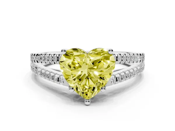 Fancy Yellow Heart Cut Diamond Solitaire Engagement Ring with Split Shank Pavé Band Platinum
