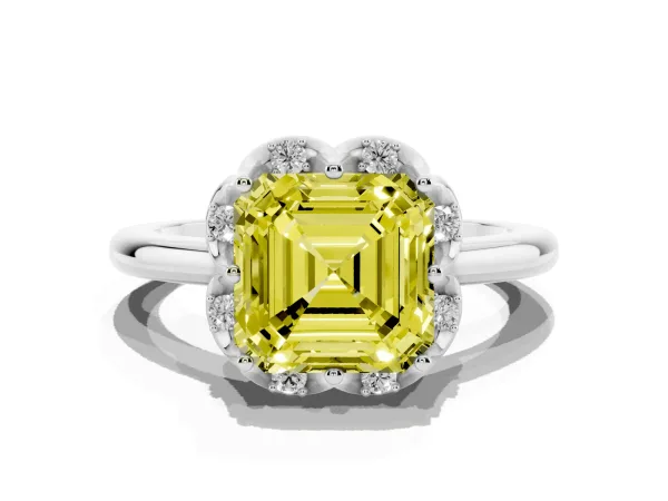 Fancy Yellow Asscher Cut Halo Diamond Ring with Round Cluster Setting, Solitaire Band, and Four-Prong Setting White gold