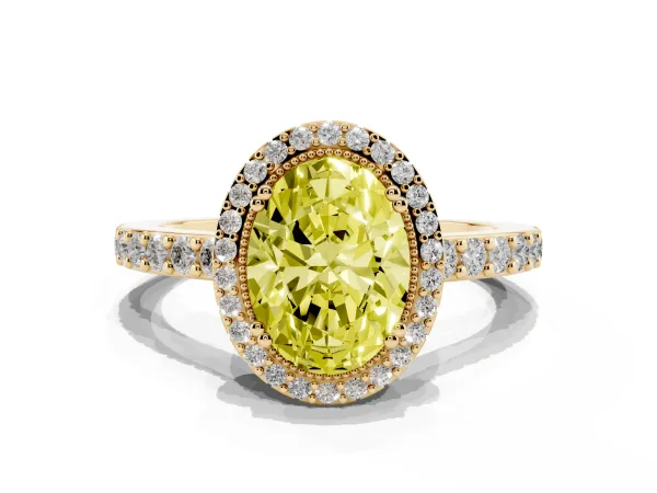 Fancy Yellow Oval Cut Cut Diamond Halo Engagement Ring with Milgrain Detail and Pavé Band Yellow gold