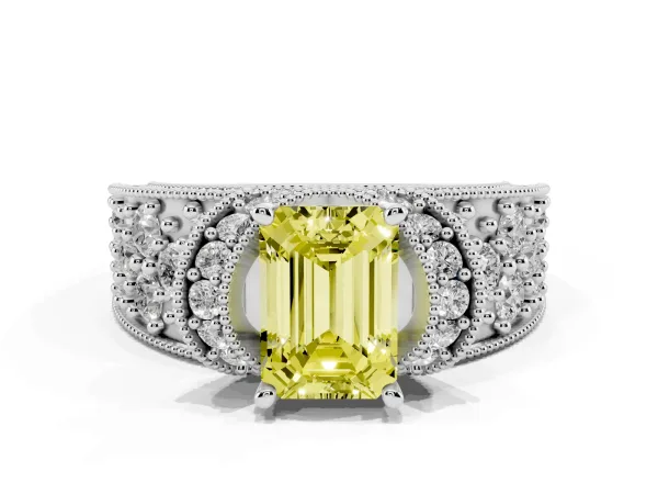 Fancy Yellow Emerald Cut Halo Pave Diamond Engagement Ring with Milgrain Detailing White gold