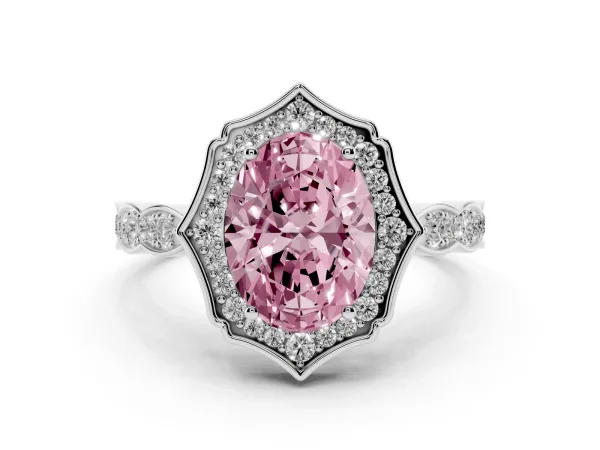 Fancy Pink Oval Cut Halo Diamond Engagement Ring with Milgrain Band and Four-Prong Setting White gold