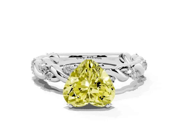 Fancy Yellow Heart Cut Diamond Solitaire Ring with Twisted Band and Pavé Accents Platinum
