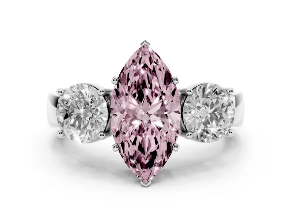 Fancy Pink Three-Stone Marquise Cut Diamond Ring with Round Side Stones, Classic Band, and Four-Prong Setting White gold