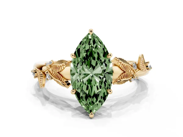 Fancy Green Marquise Cut Diamond Solitaire Ring with Leaf Motif Band and Four-Prong Setting Yellow gold