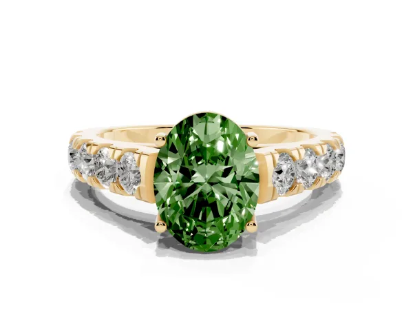Fancy Green Oval Cut Cut Diamond Solitaire Ring with Micro Pave Band and Prong Setting Yellow gold