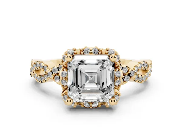 Asscher Cut Halo Twist Band Solitaire Ring with Six-Prong Setting Yellow gold