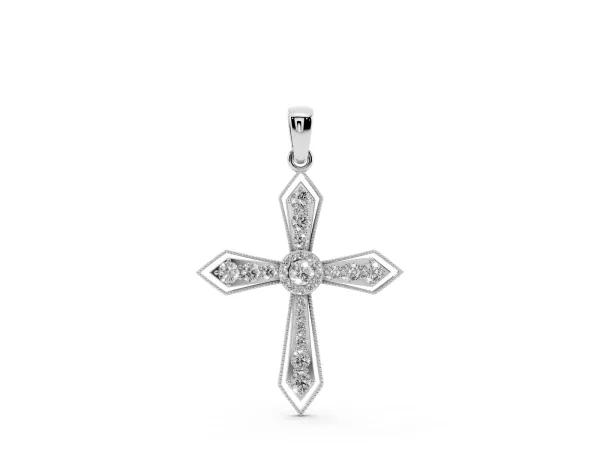 Round Diamond Milgrain Cross Pendant with Bezel Setting White gold